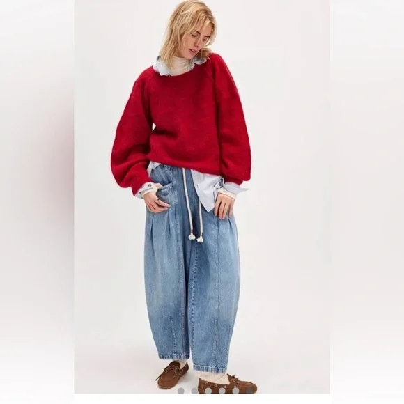 Free People Margo Barrel Pull On Jeans We The Free Rope Tie Bergamot Blue - Picture 5 of 7